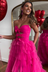 Fuchsia Sweetheart A-Line Tulle Tiered Long Prom Dress with Slit